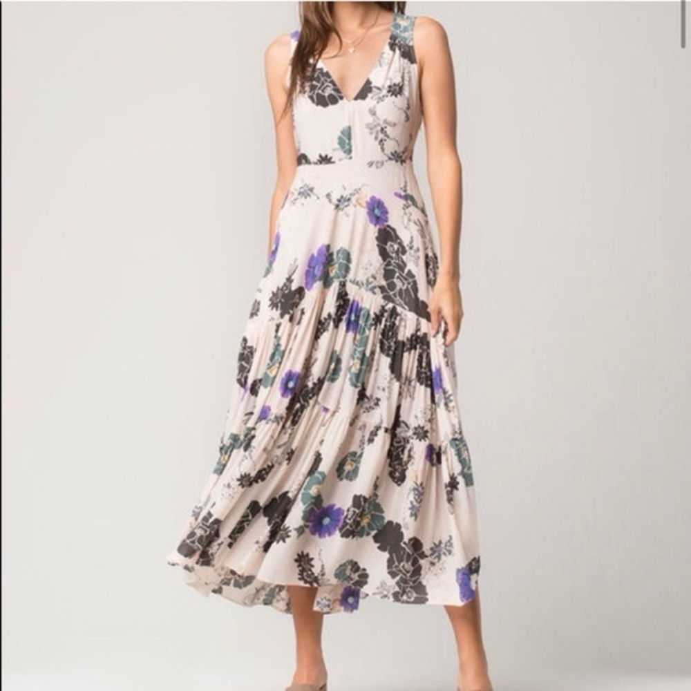 Free People Cream Floral Maxi Dress with Purple & Green Accents